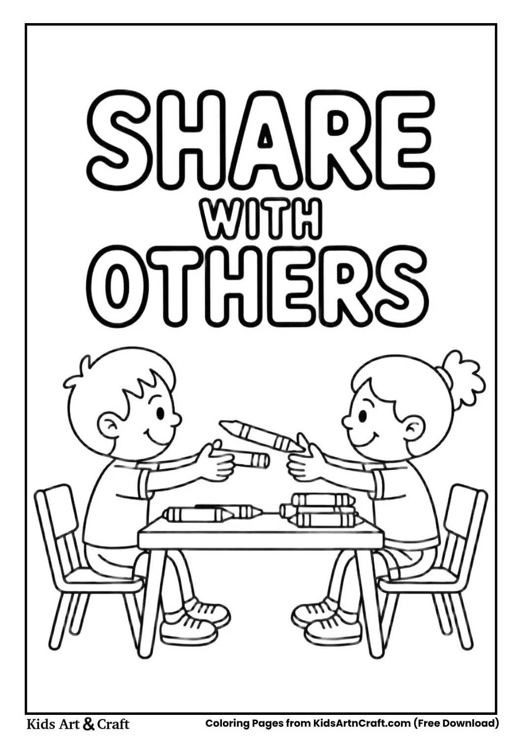 Kids sharing crayons classroom rule coloring page