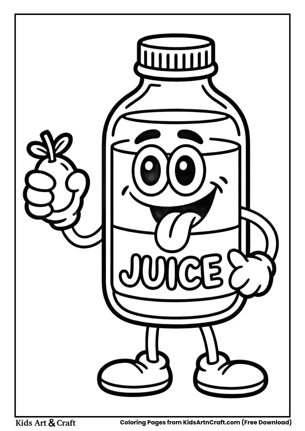 Silly juice bottle with funny tongue cartoon coloring page