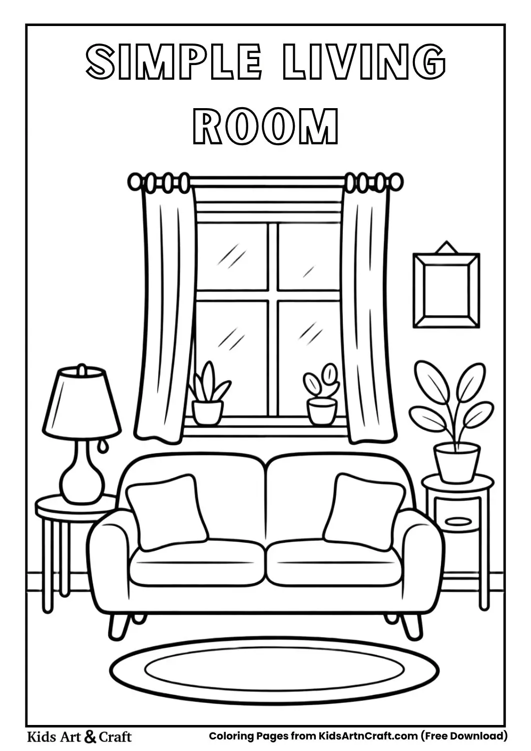 black and white simple living room coloring page with sofa table and window