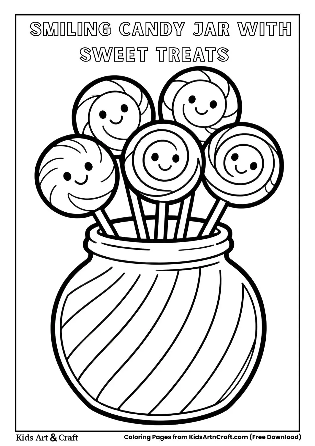cute smiling candy jar with candies coloring page black and white