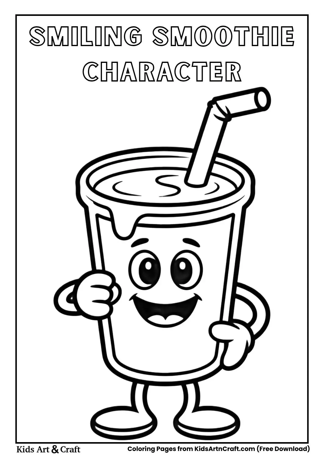 Cartoon smoothie character with a straw drawn in simple black line art.