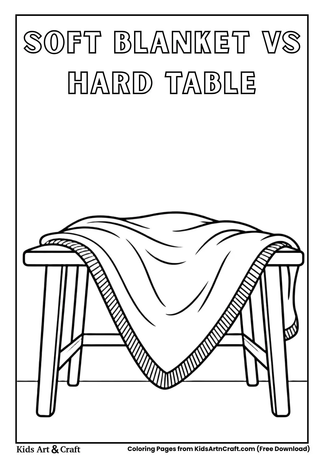 Soft blanket and hard wooden table coloring page black and white