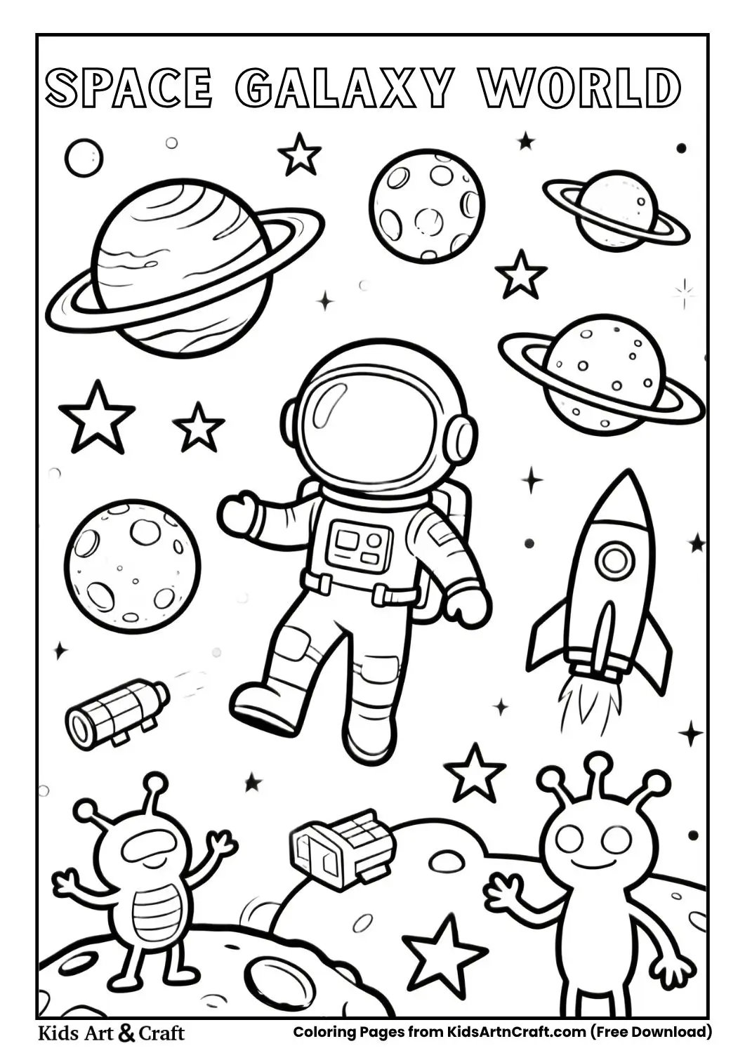 space galaxy world coloring page with planets rockets astronauts and stars for children
