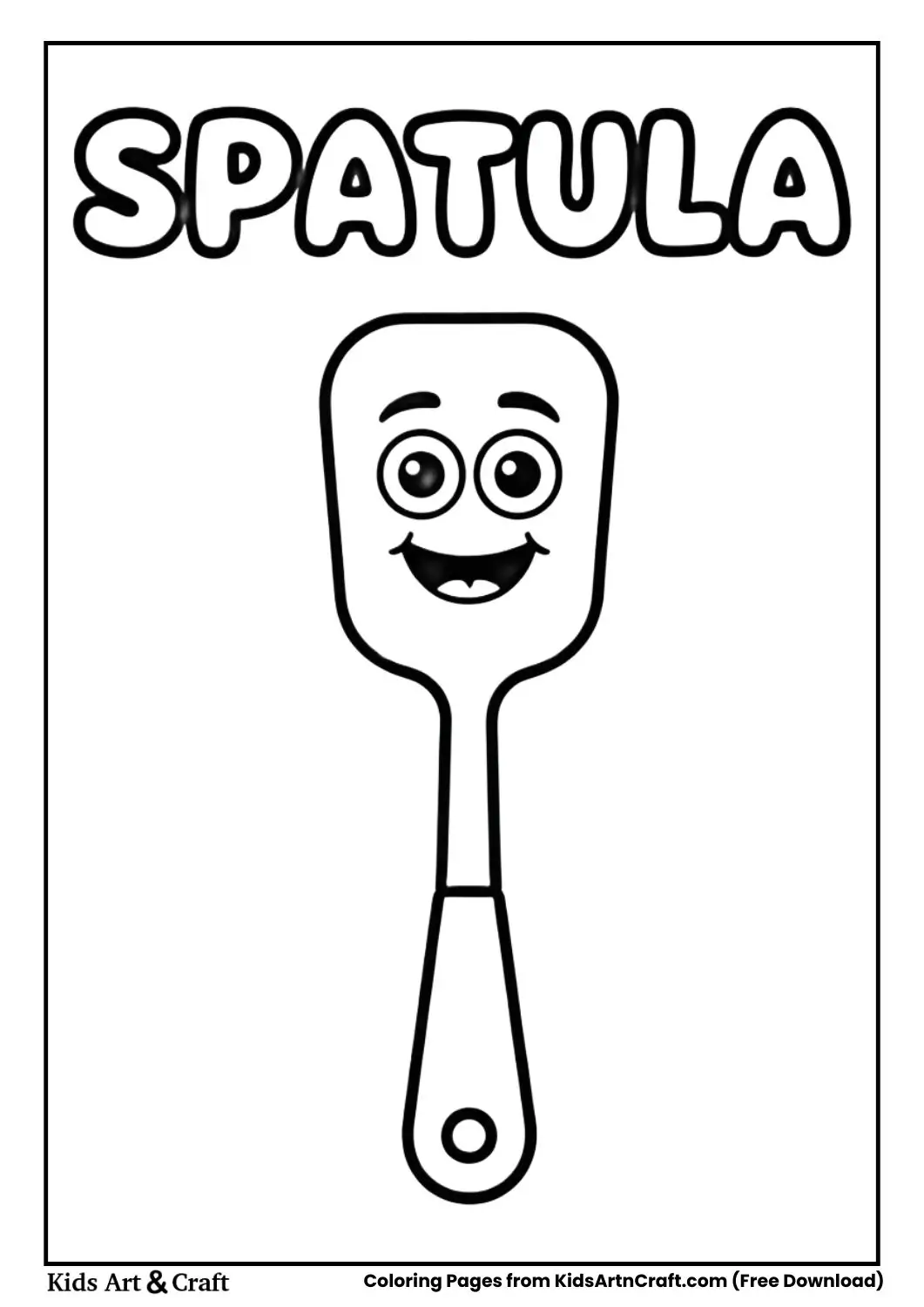 Cartoon spatula black and white coloring page with the word SPATULA on top