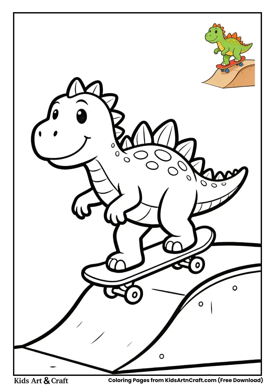 Black and white Stegosaurus riding a skateboard on a simple ramp