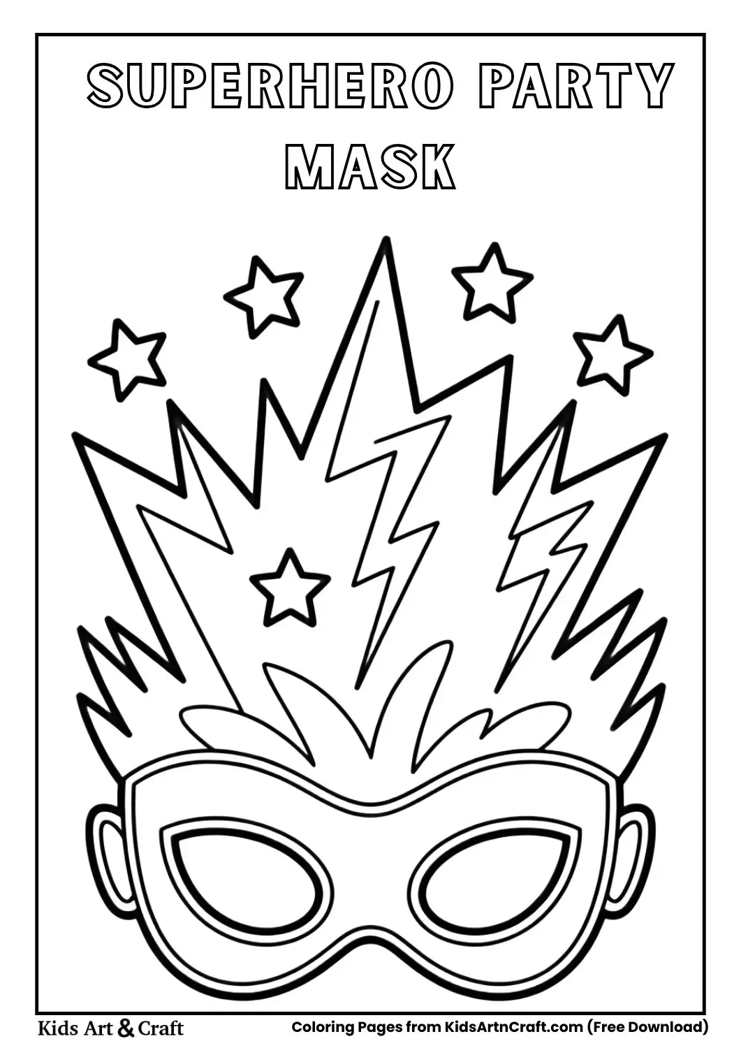 superhero mask with lightning bolts and stars coloring page for kids