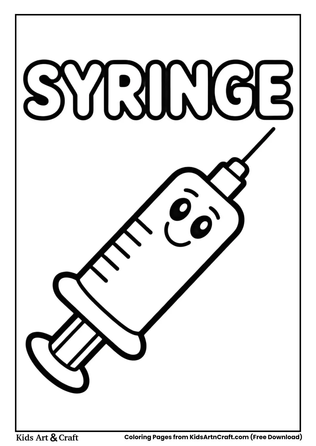 Friendly cartoon syringe black and white coloring page