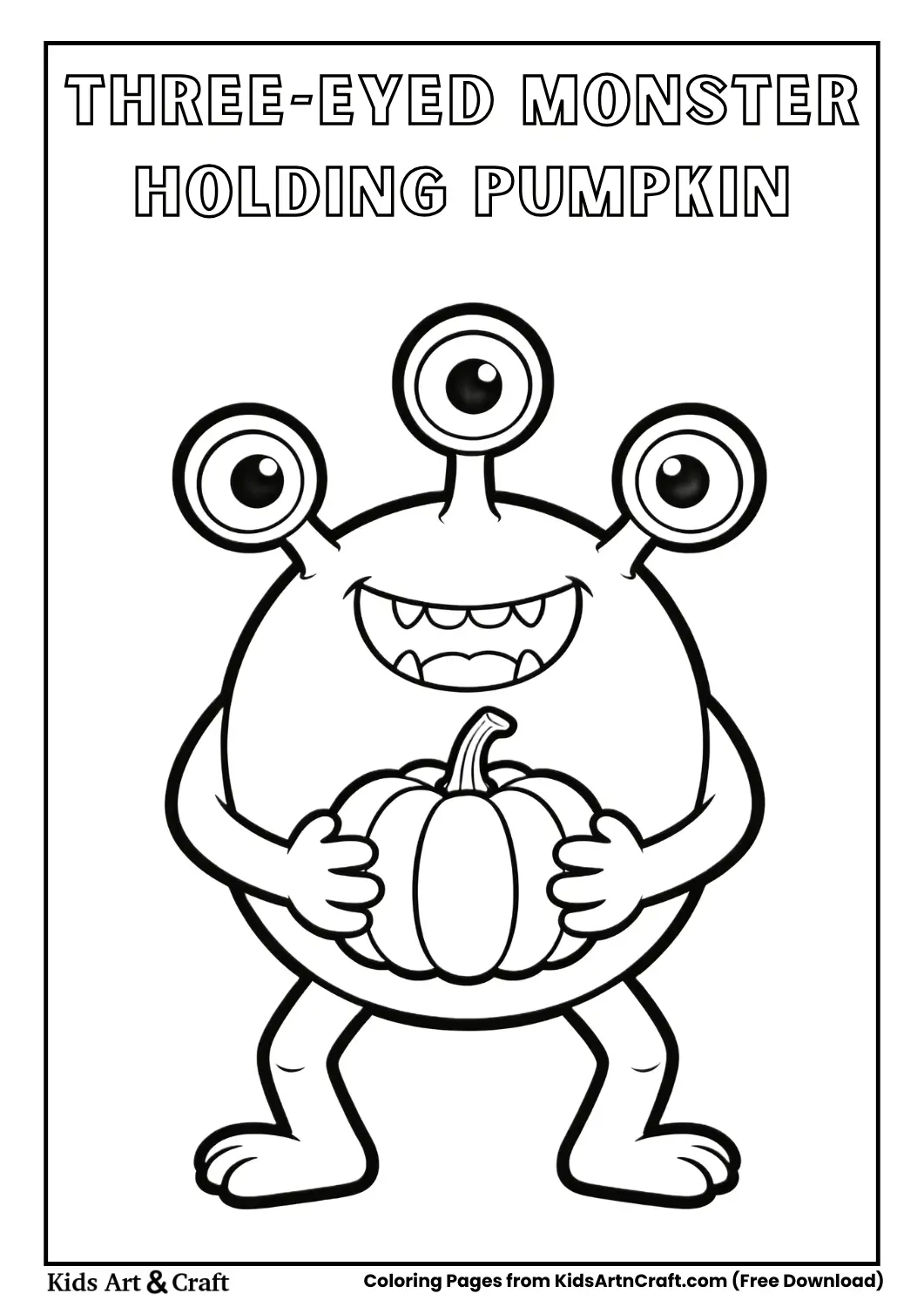 Cute three-eyed monster holding a pumpkin in clean line art