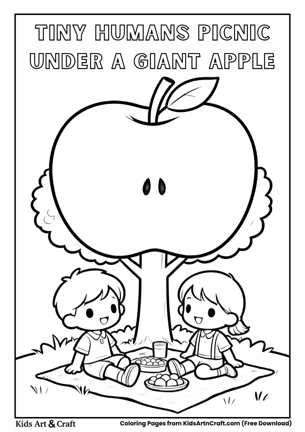 Tiny humans having a picnic under a giant apple coloring page