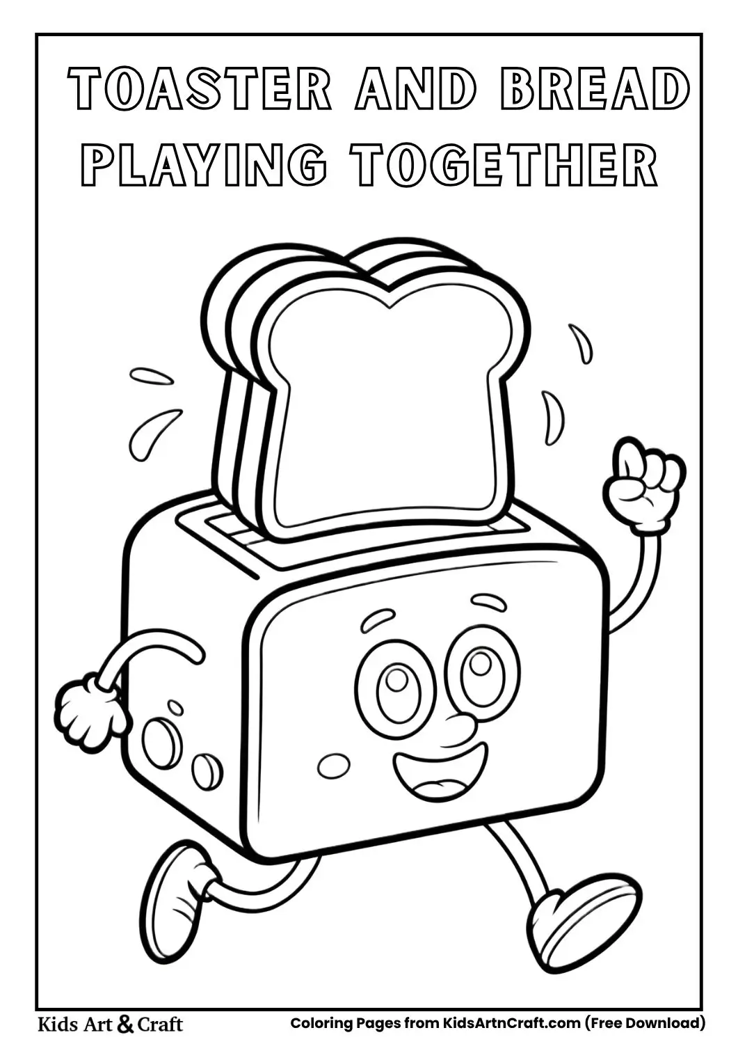 Happy toaster and bread slice playing together black and white kids coloring page