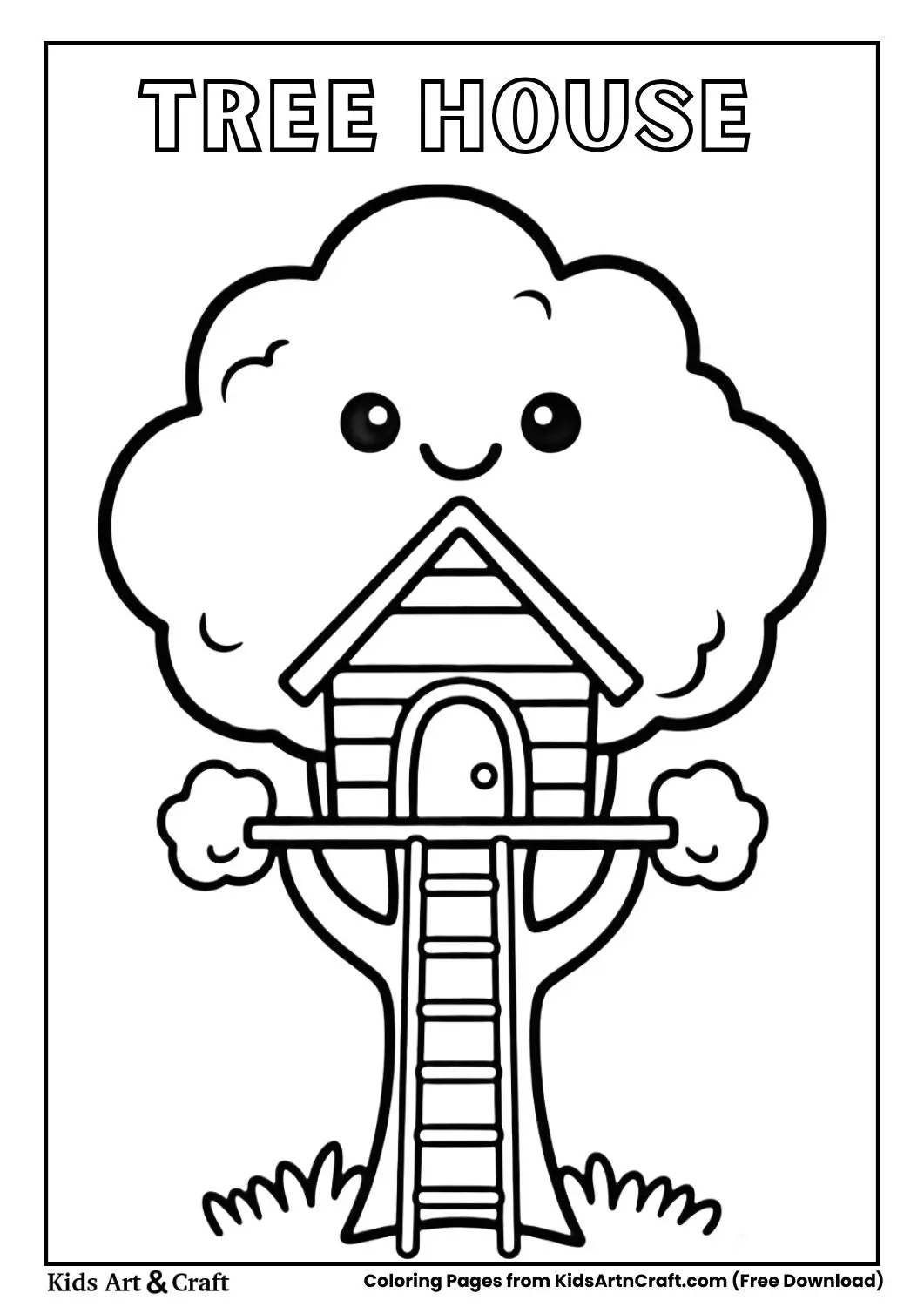 cute tree house with smiling face black and white coloring page for children