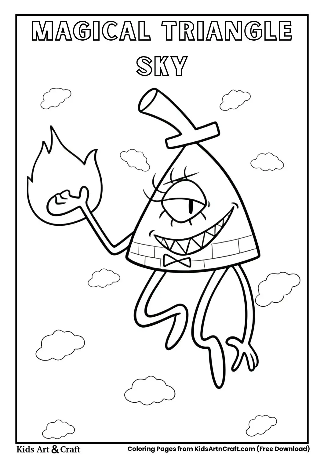 Triangle character with top hat floating among clouds holding flame