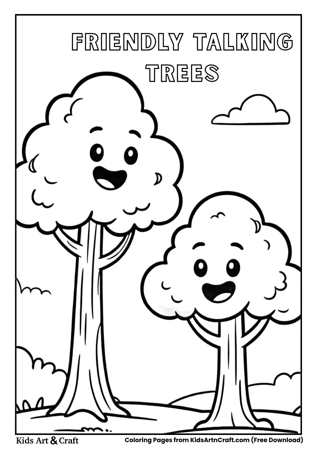 Two happy trees with smiling faces talking coloring page for children