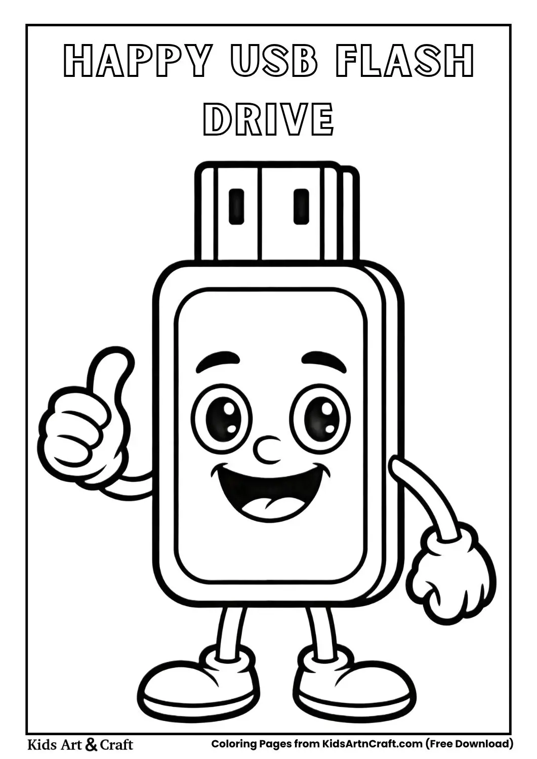 Cute USB flash drive cartoon giving thumbs up coloring page