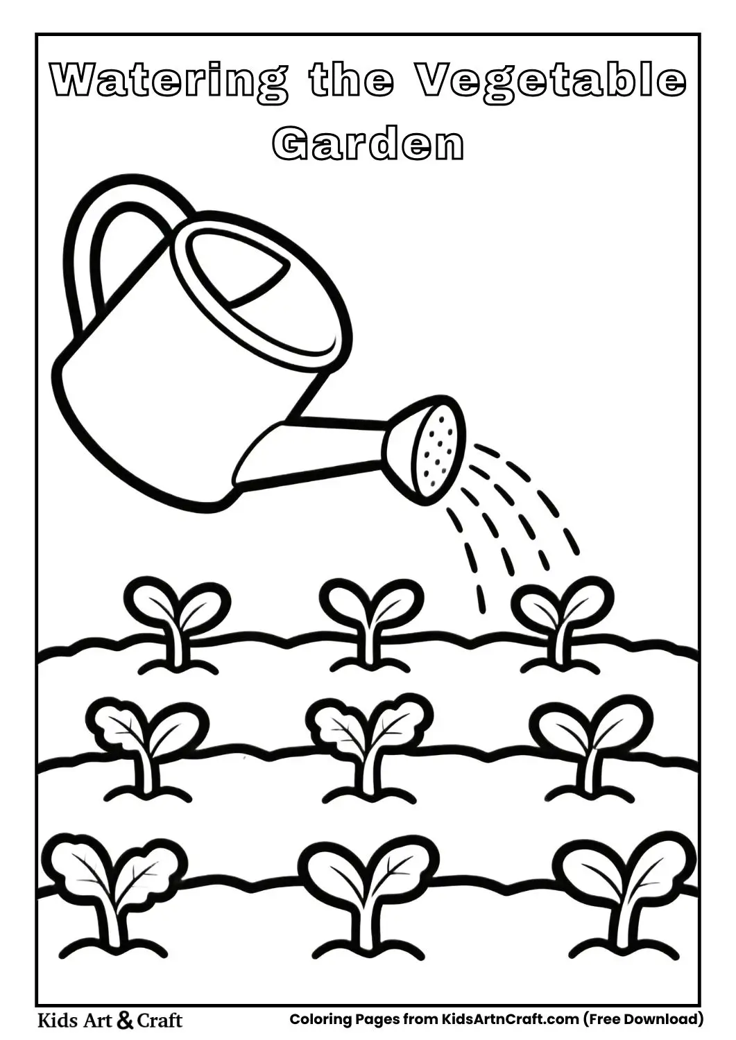 Black and white coloring page of a watering can pouring water onto garden sprouts