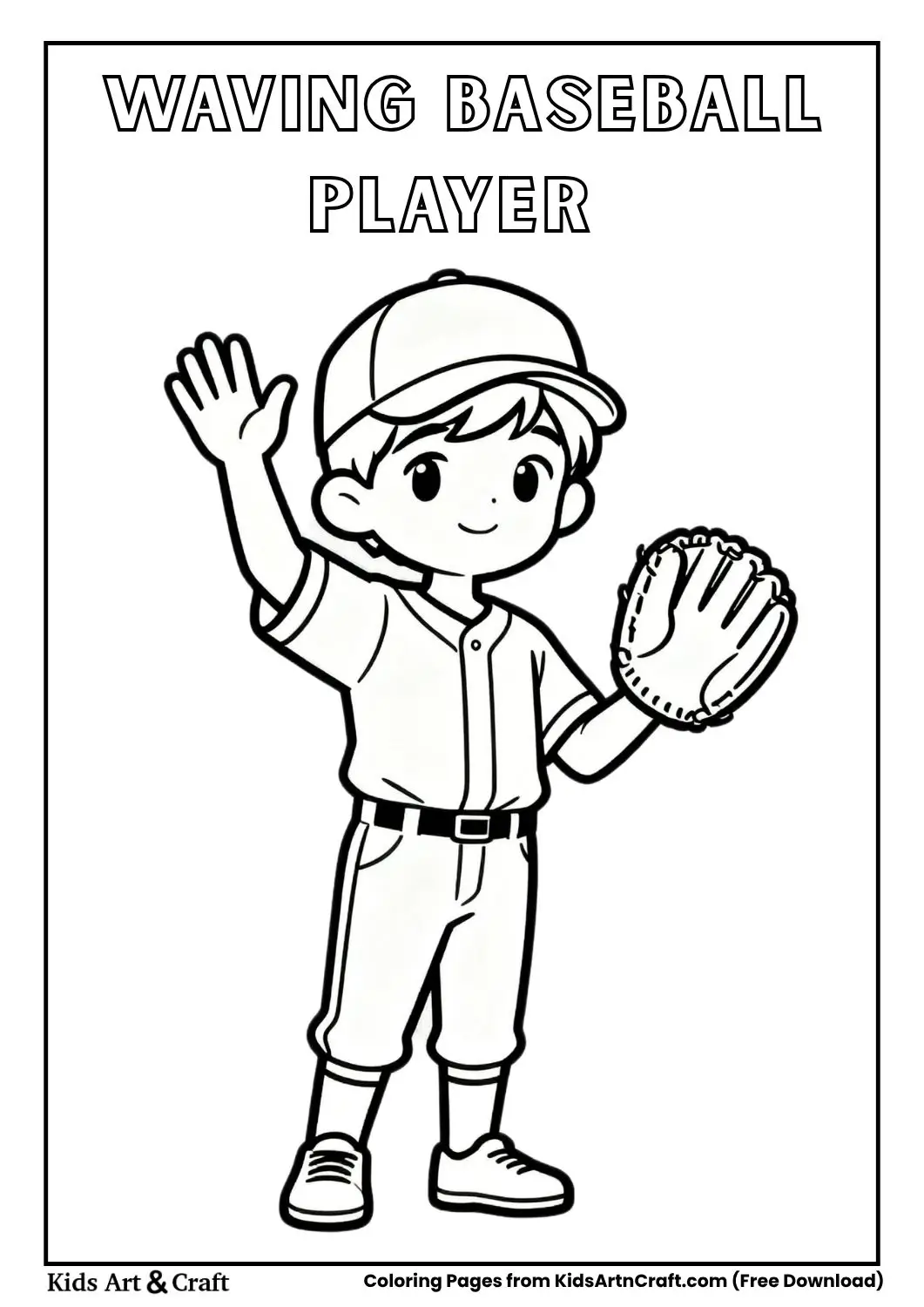 child baseball player waving and holding a glove black and white coloring page