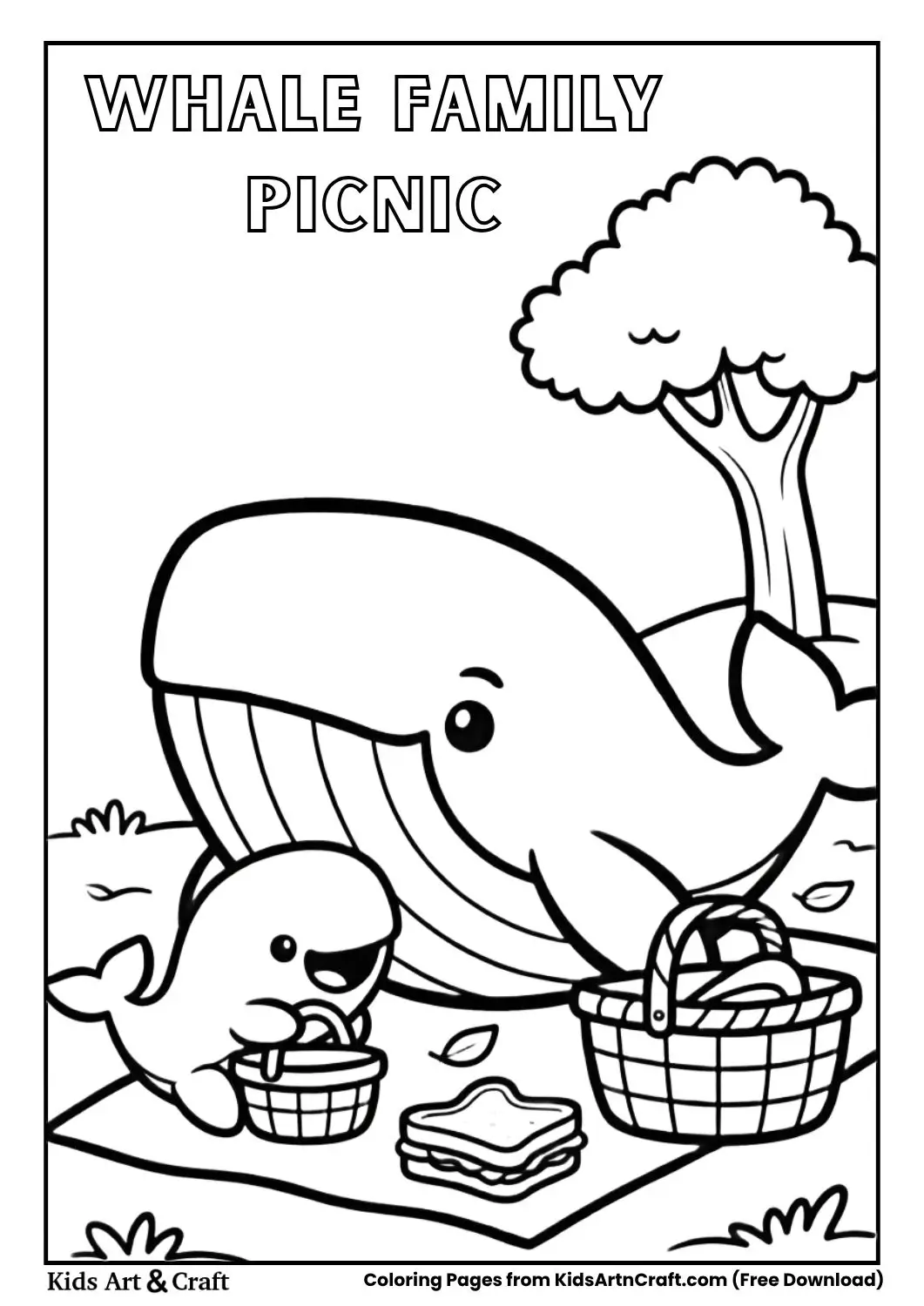 Whale and baby whale picnic coloring page