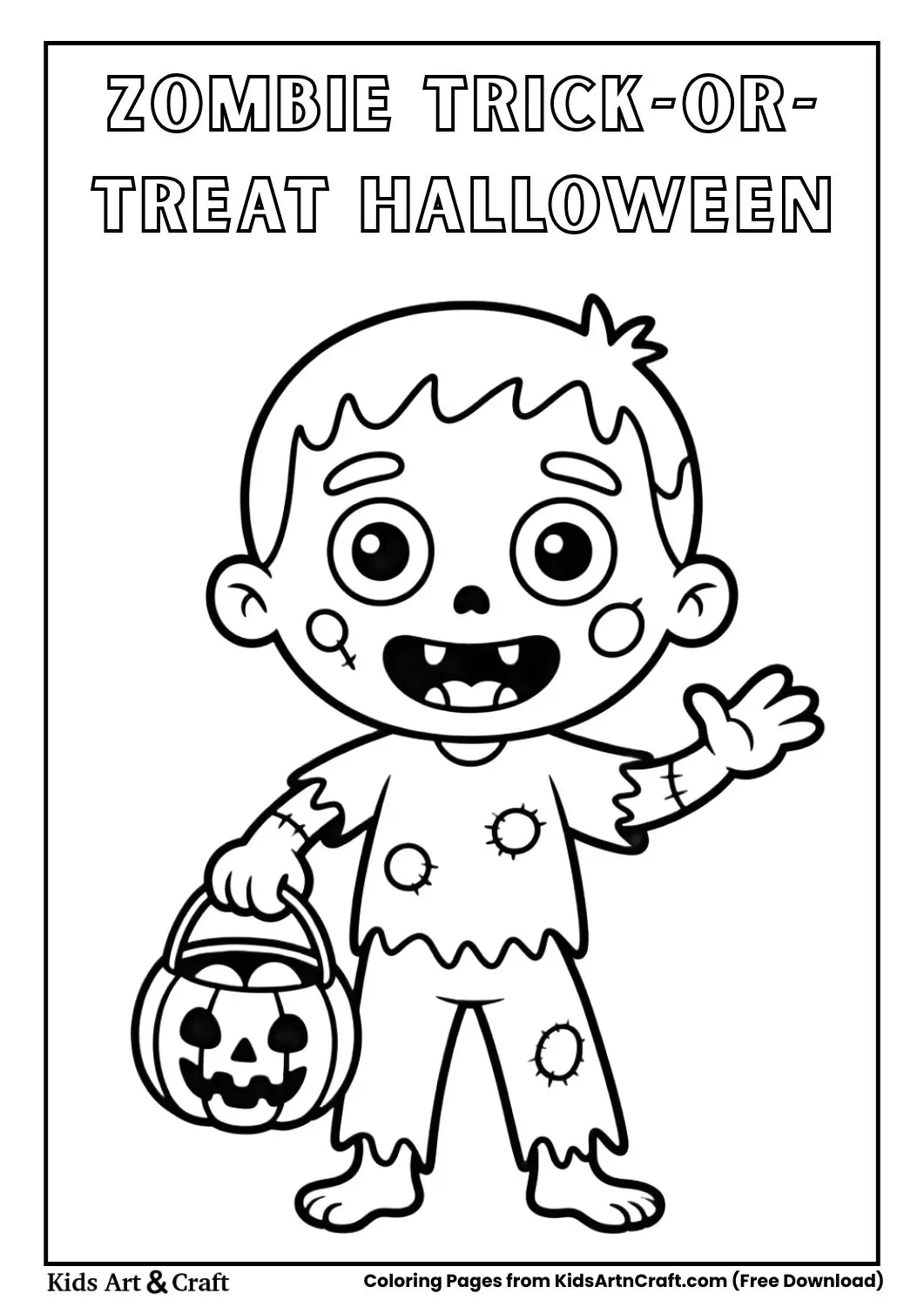 Happy zombie holding pumpkin candy bucket trick or treat coloring page