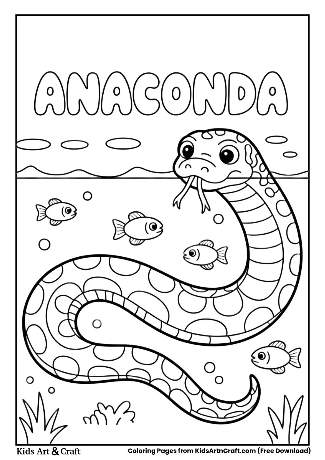 Cute anaconda swimming with fish, simple coloring page
