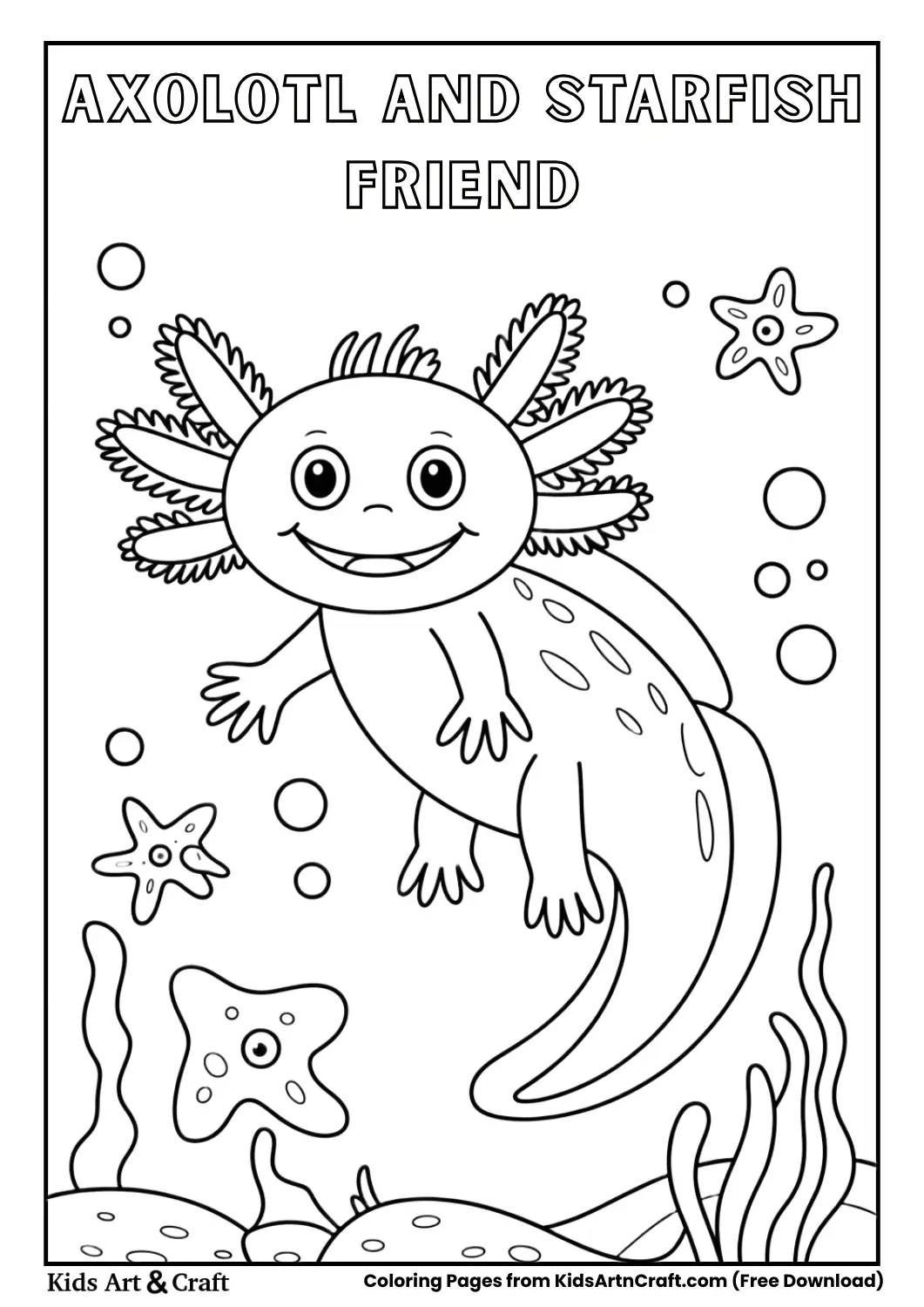 Cute axolotl and starfish underwater coloring page for kids