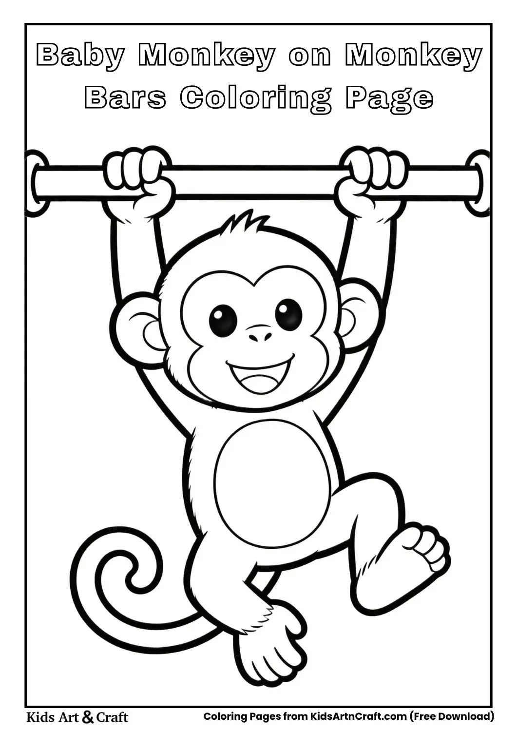 Cute baby monkey hanging from playground monkey bars simple line art