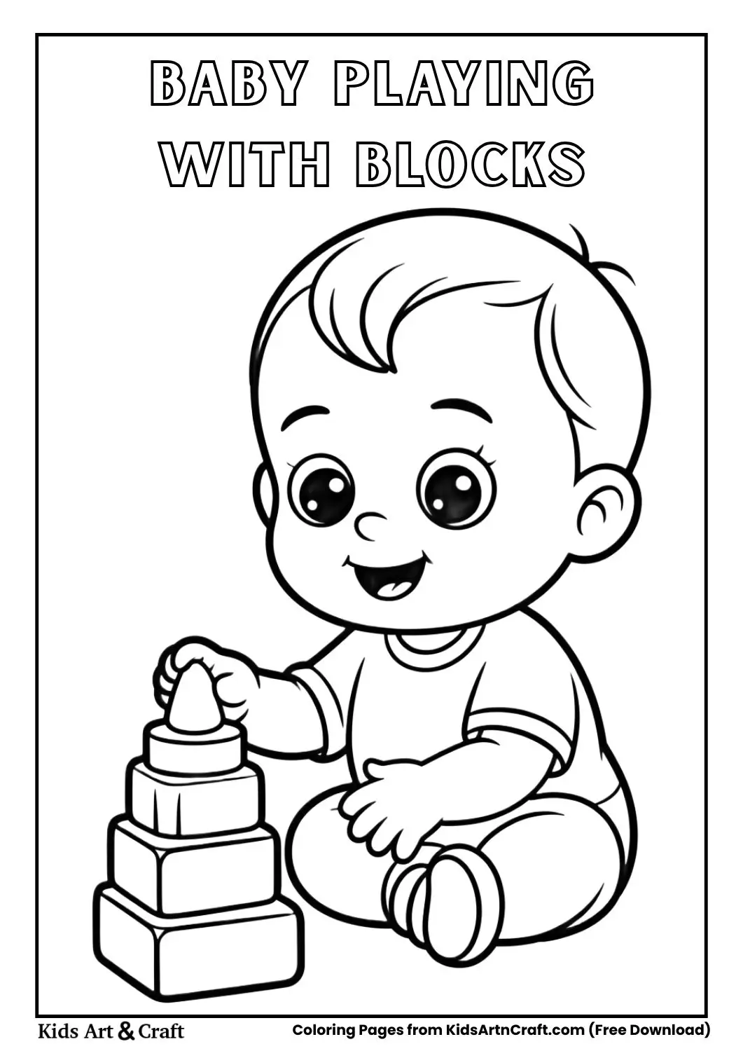 Baby sitting and playing with stacking blocks coloring page