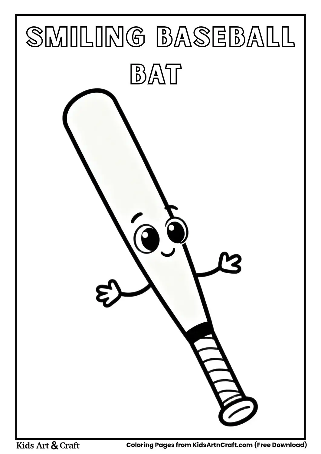 cartoon baseball bat with a smiling face black and white coloring page for kids