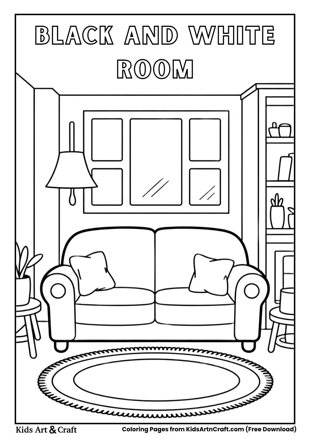 simple black and white room coloring page with couch rug and table for kids