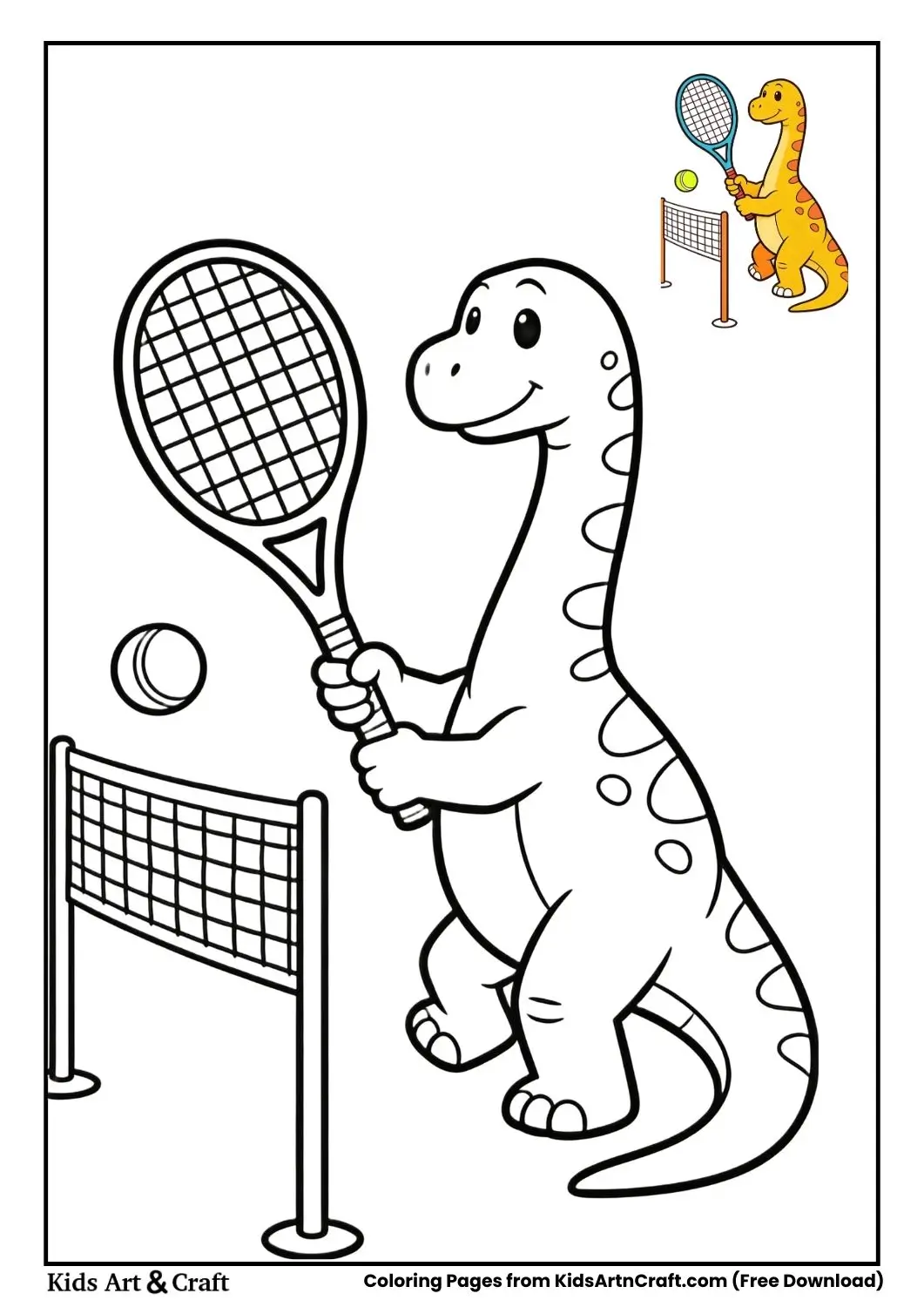Black and white Brachiosaurus holding a tennis racket near a net
