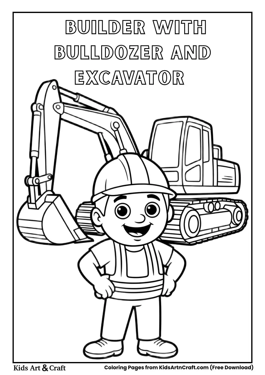 Cartoon construction worker with smiling bulldozer and excavator vehicles coloring page