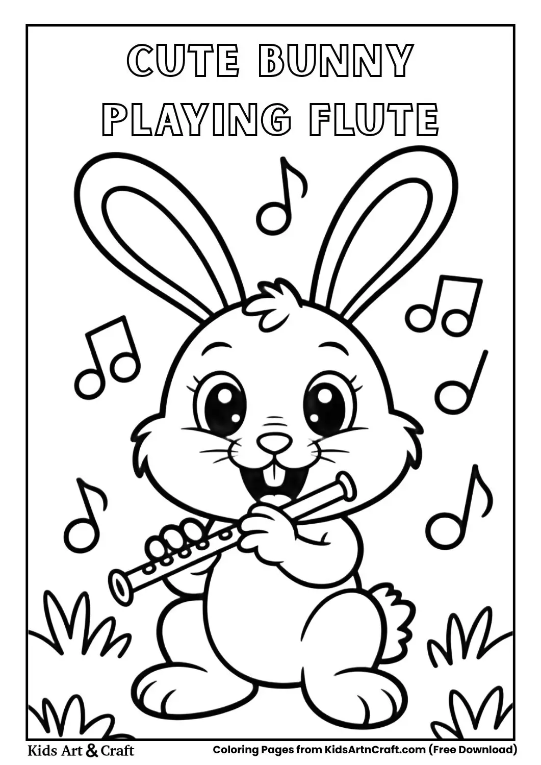 Black and white coloring page of a smiling bunny playing a flute with musical notes.