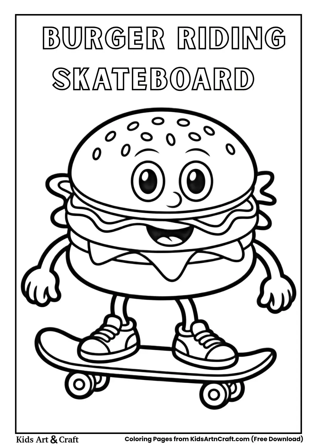Cartoon burger riding a skateboard smiling, black and white coloring page