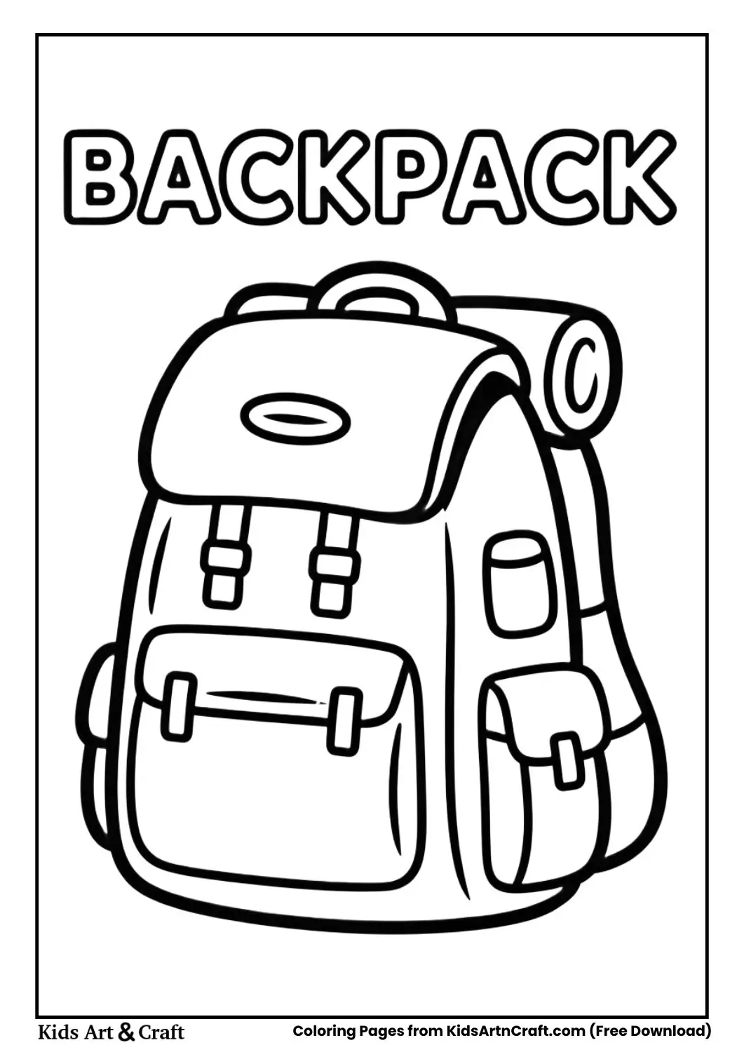 Camping backpack black and white coloring page for kids