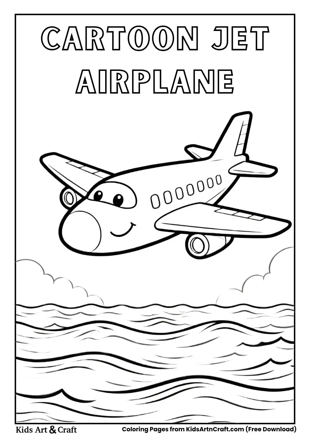 cartoon jet airplane black and white coloring page for kids