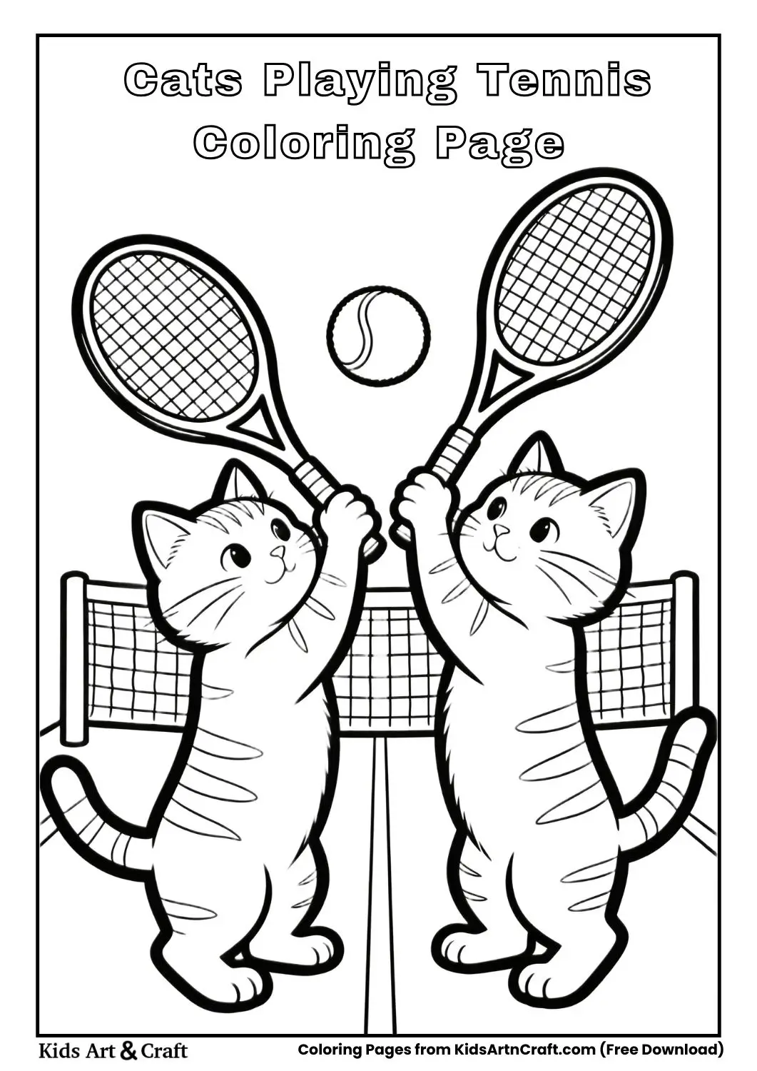Black and white coloring page of two cute cats playing tennis over a simple net