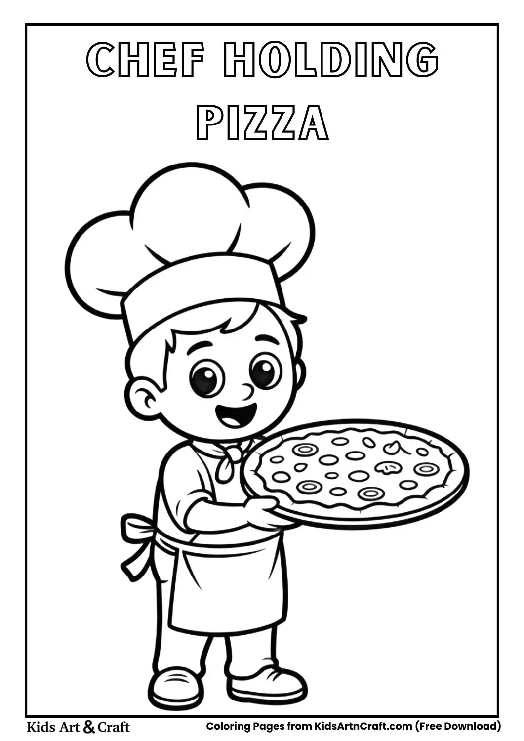 cute chef holding large pizza cartoon coloring page
