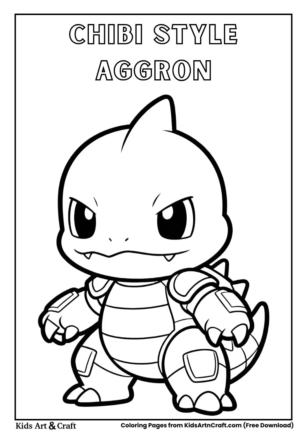 Chibi style Aggron cute big head cartoon coloring page