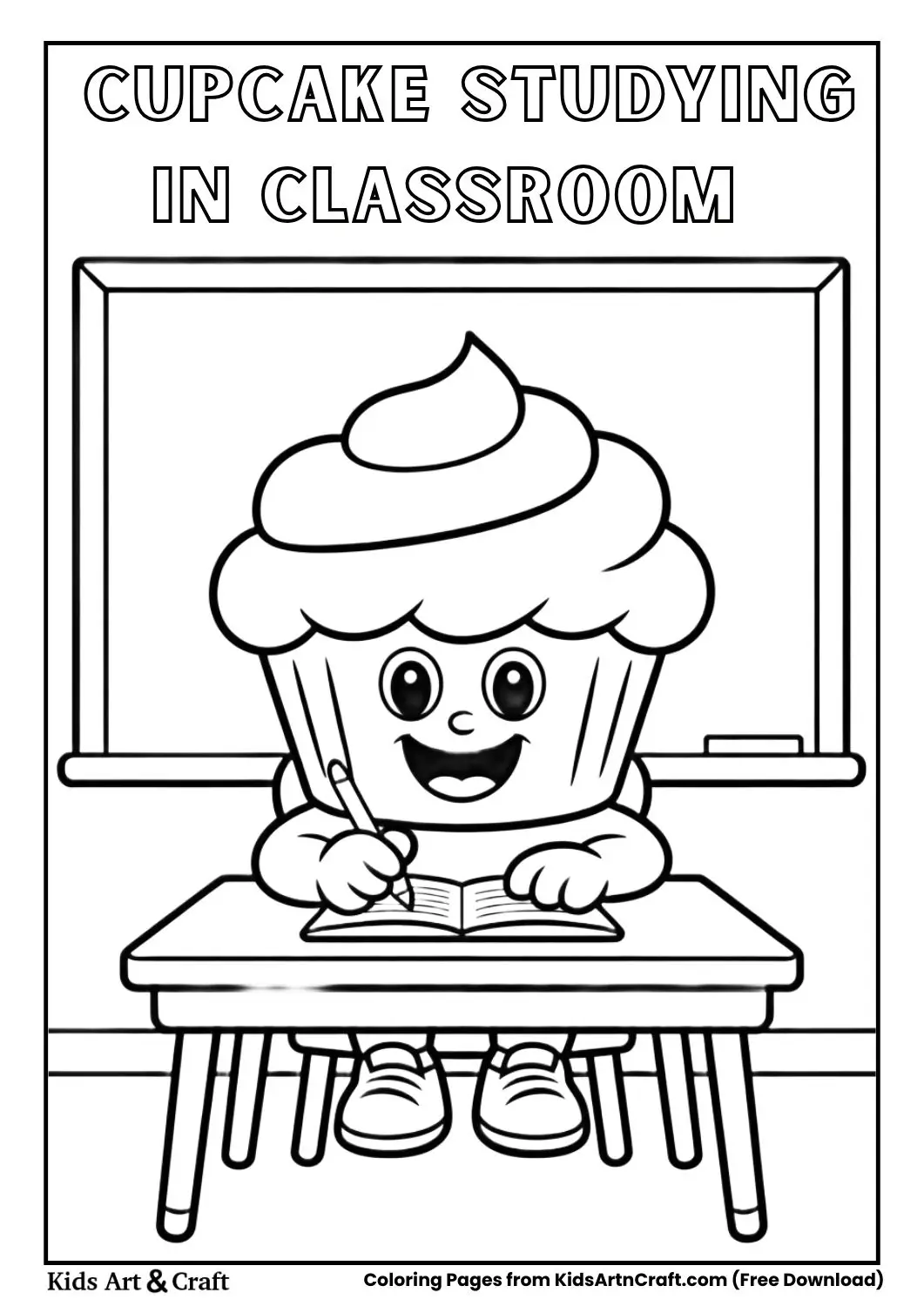 cupcake character sitting at school desk writing in notebook coloring page