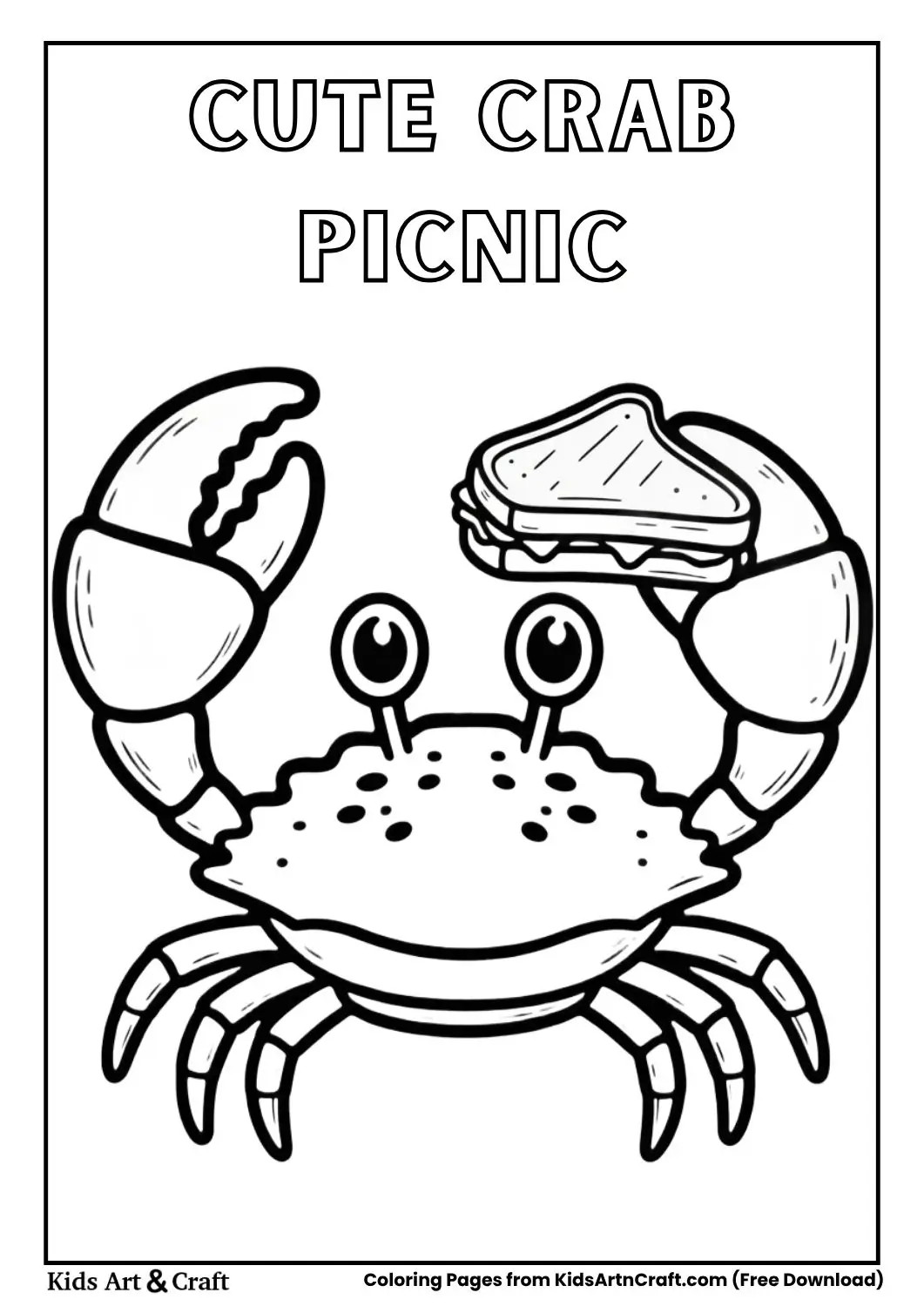 Crab holding sandwich picnic coloring page