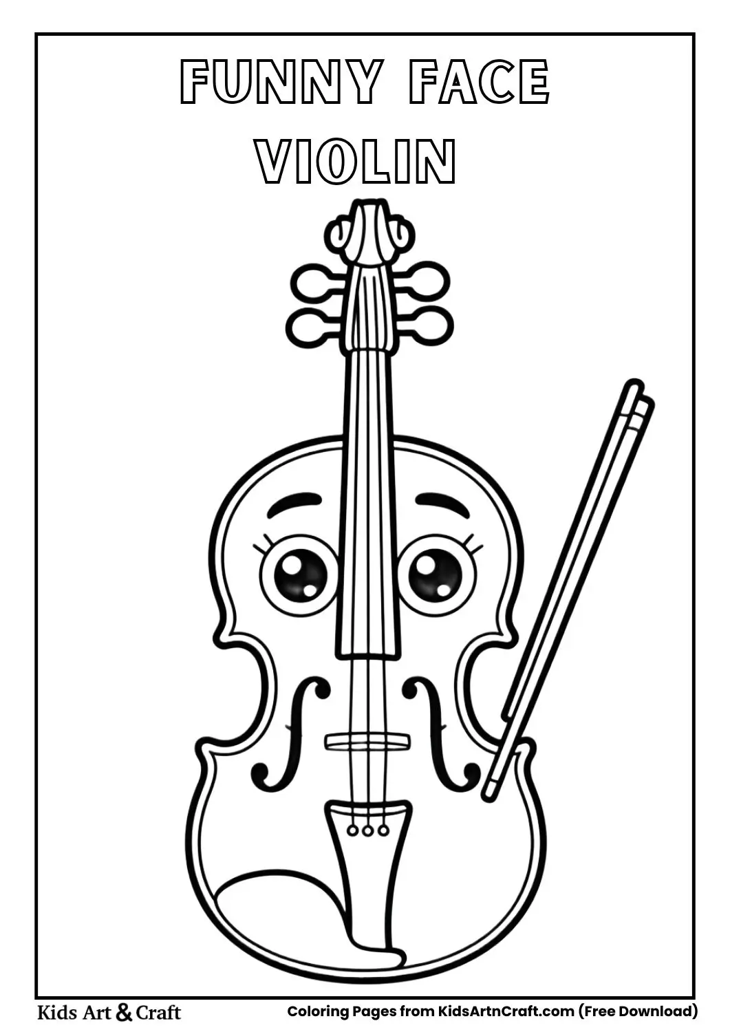 cartoon violin with big eyes and smiling face black and white coloring page