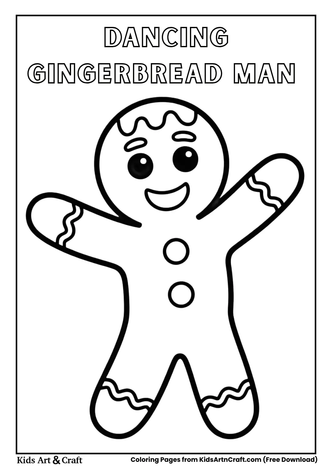 Dancing gingerbread man with icing decorations black and white coloring page