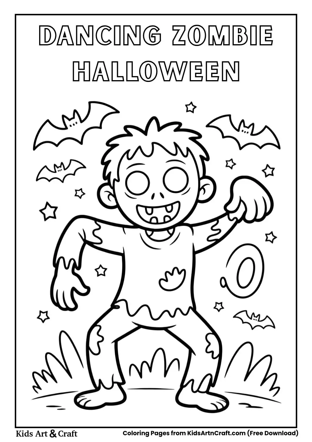 Funny dancing zombie Halloween coloring page with bats and stars