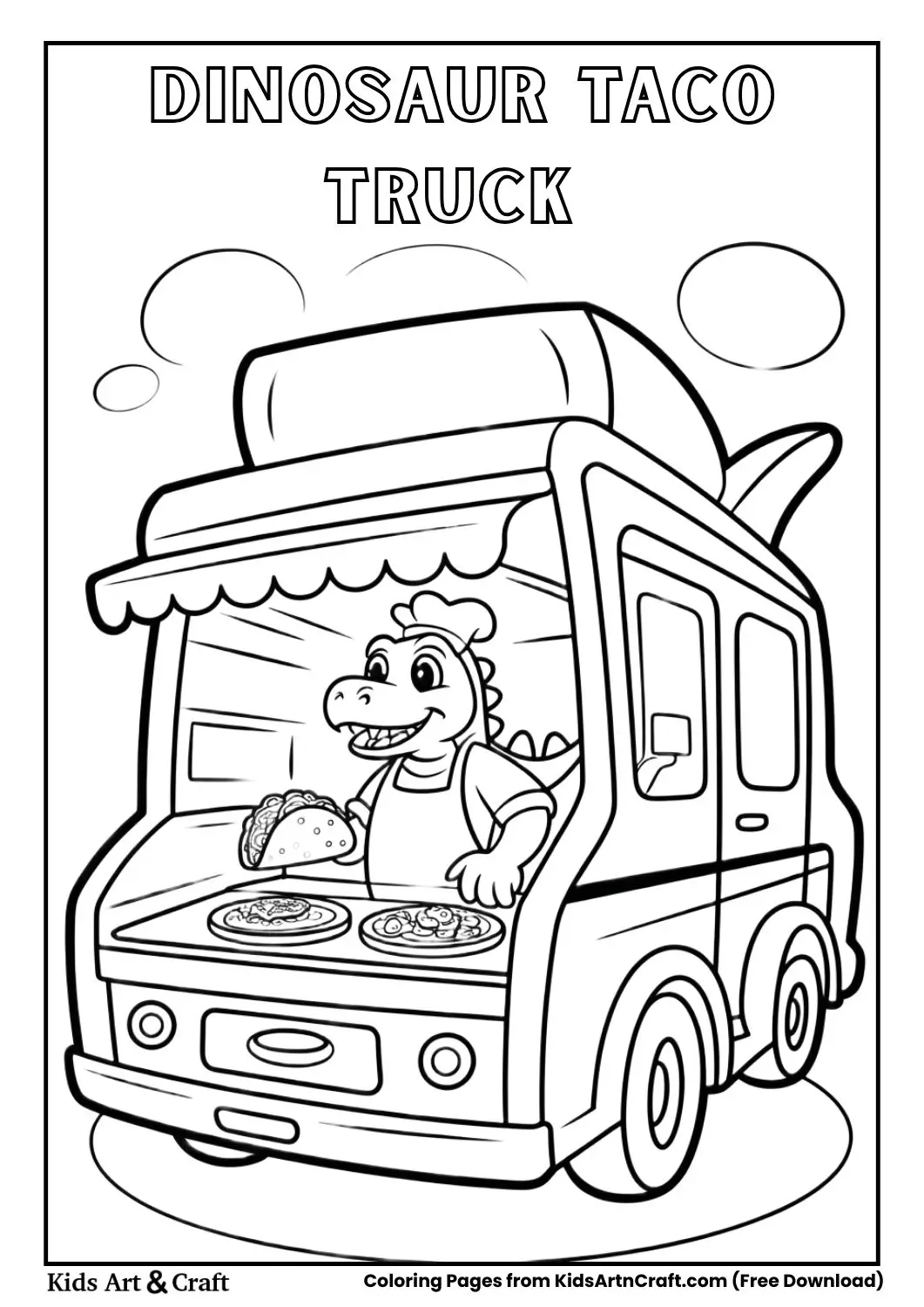 cartoon dinosaur chef cooking tacos in taco food truck black and white coloring page
