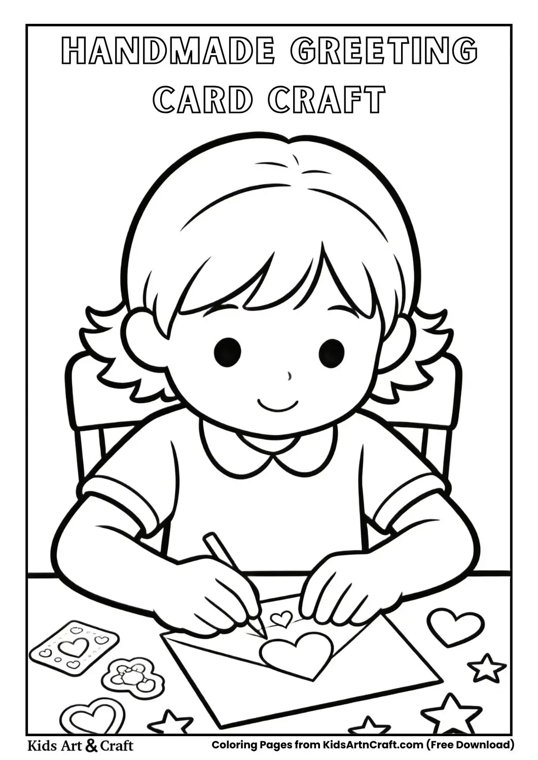 Black and white coloring page of child making a greeting card with hearts and stars