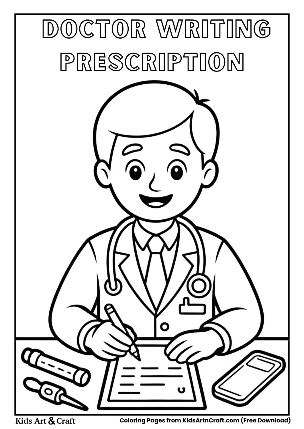 doctor sitting at desk writing prescription coloring page
