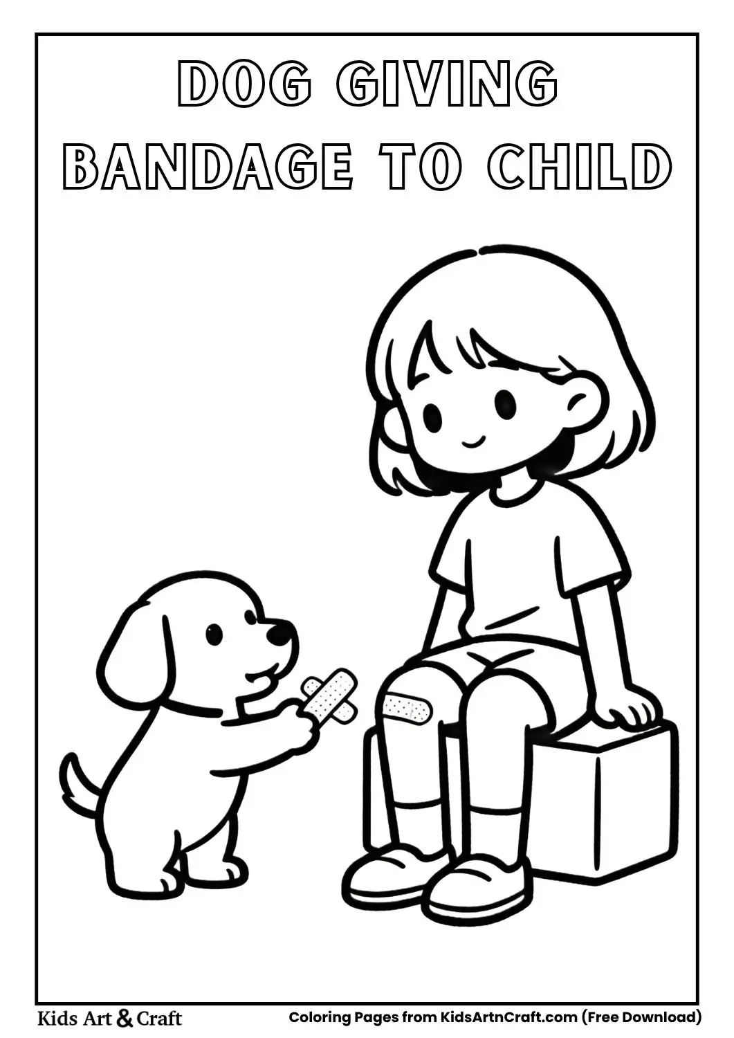 Cute dog giving a bandage to a child with a scraped knee black and white coloring page