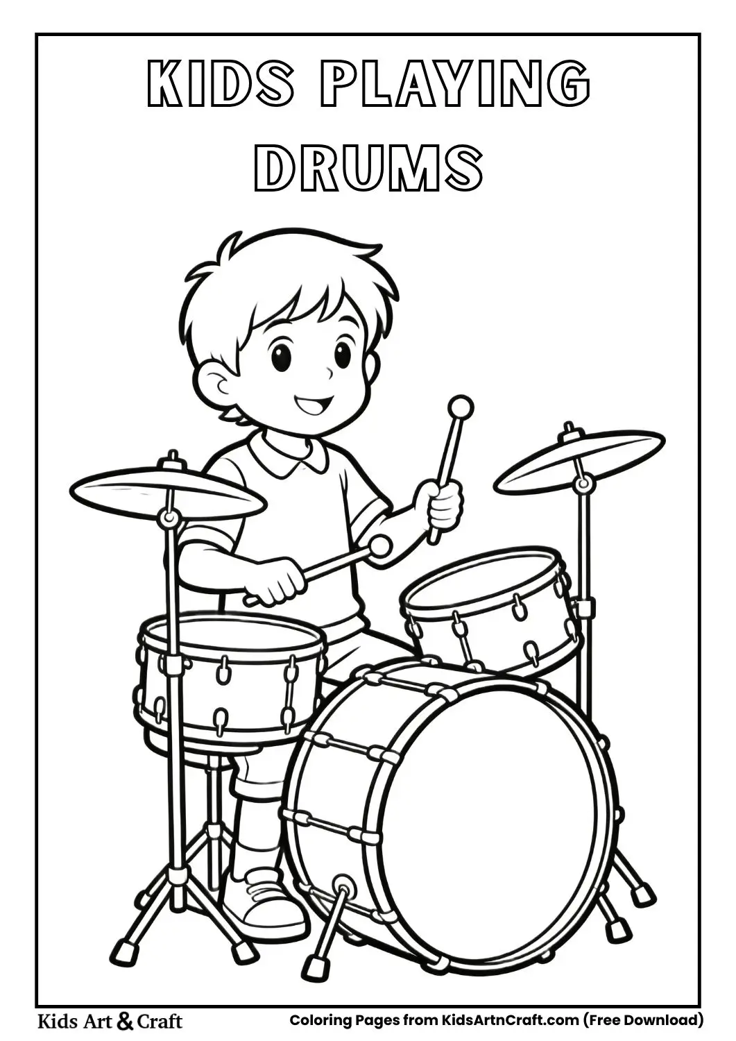 Black and white coloring page of a child playing a drum set