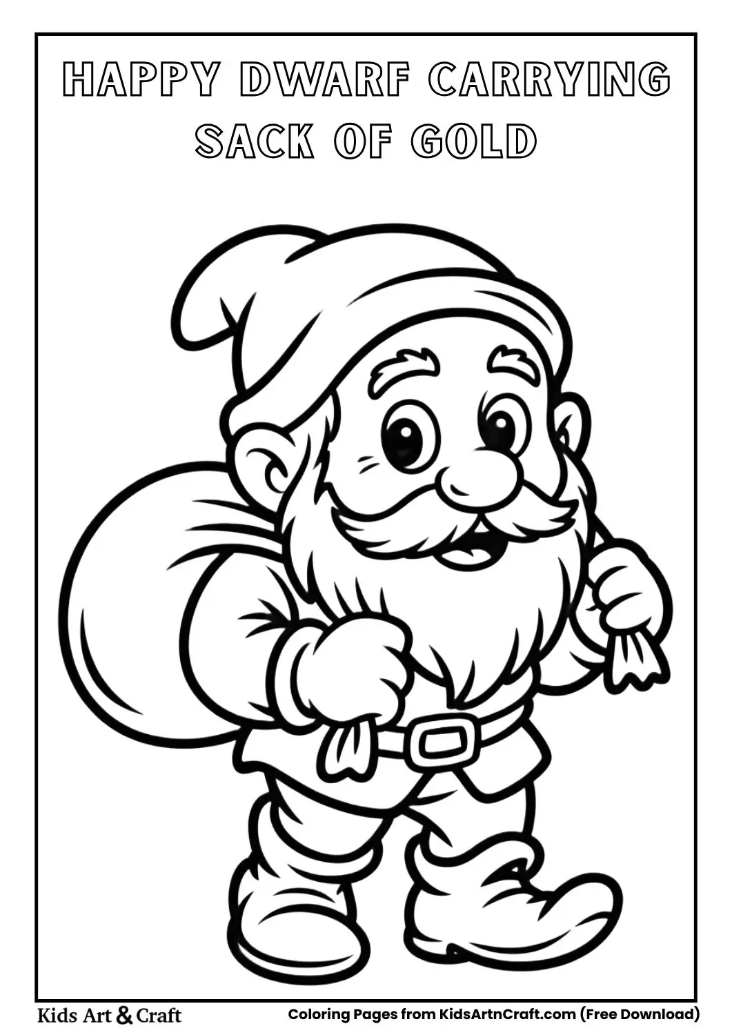 Cute dwarf carrying a sack full of gold coins simple kids coloring page line art
