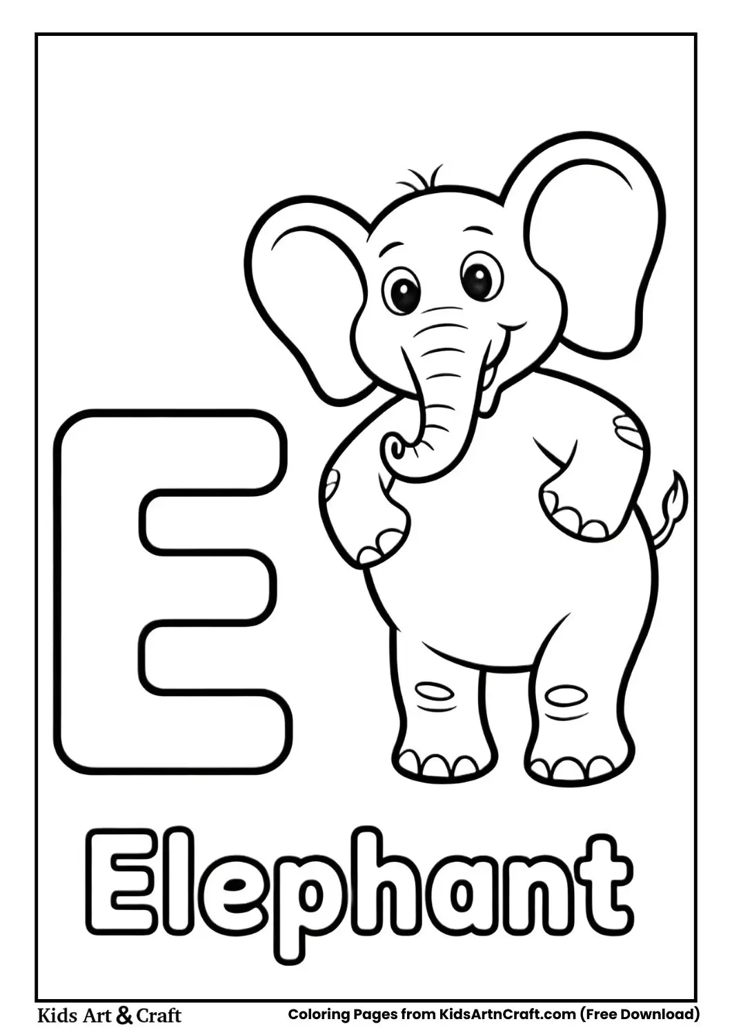 E for Elephant coloring page with large elephant drawing