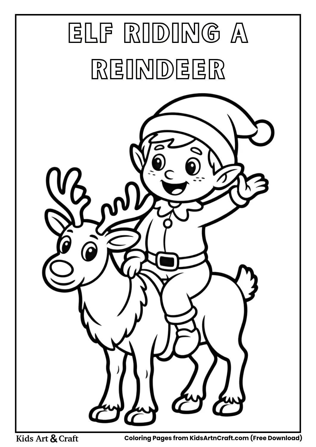 Elf riding a reindeer coloring page for kids